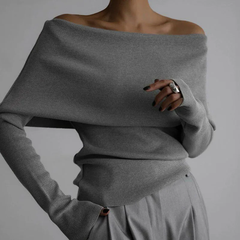 Elegant Boat Neck Knitted Sweater Women Sexy Off Shoulder Long Sleeves Slim Jumpers Female streetwear fashion knit pullovers
