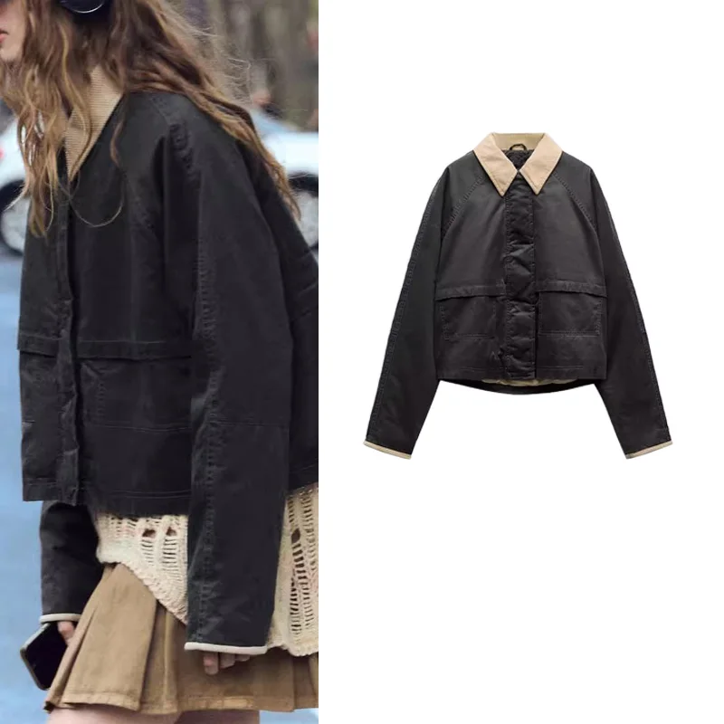 Primavera New Sle Wax Leather Lungo Colletto di velluto a coste Sve Jaet Faion da donna Versatile vestibilità ampia Cerniera di lunghezza regolare