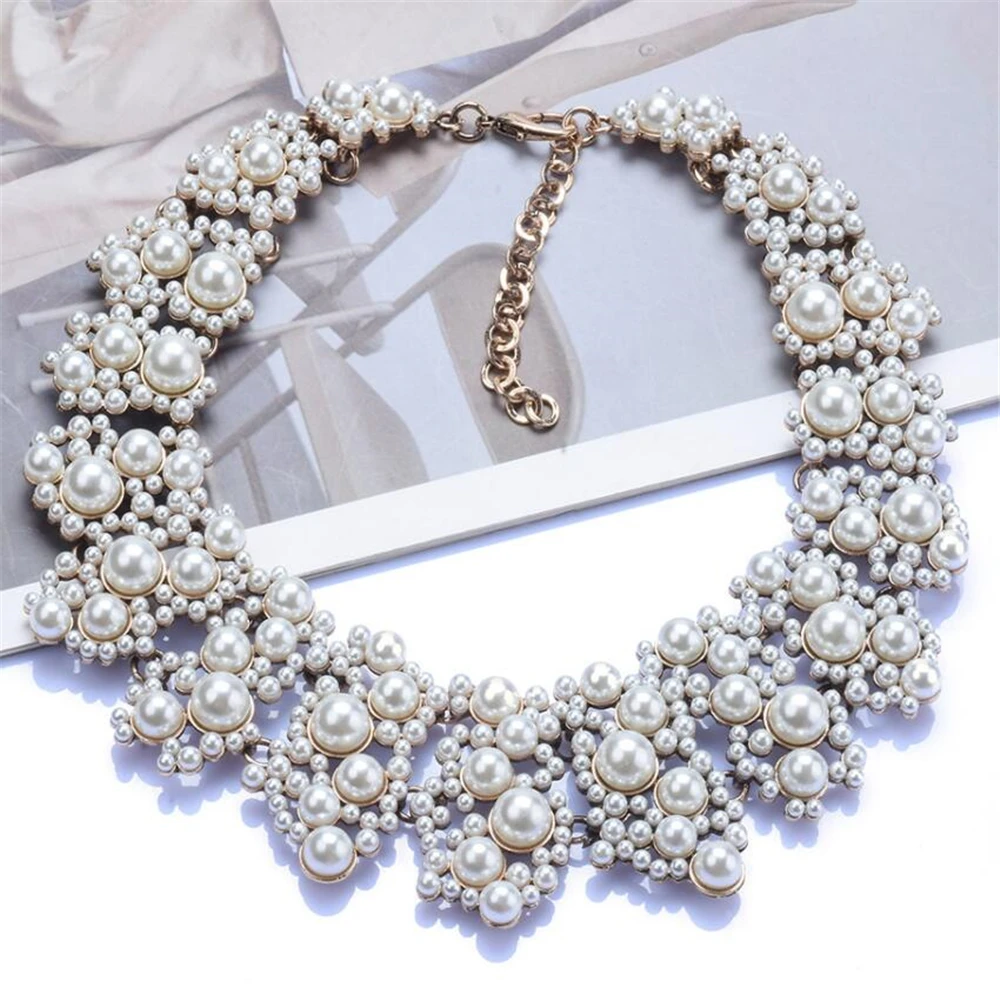 2024 New ZA Fashion Imitation Pearls Necklace Earrings Women Jewelry Sets Indian Crystal Large Collar Statement Choker Necklace