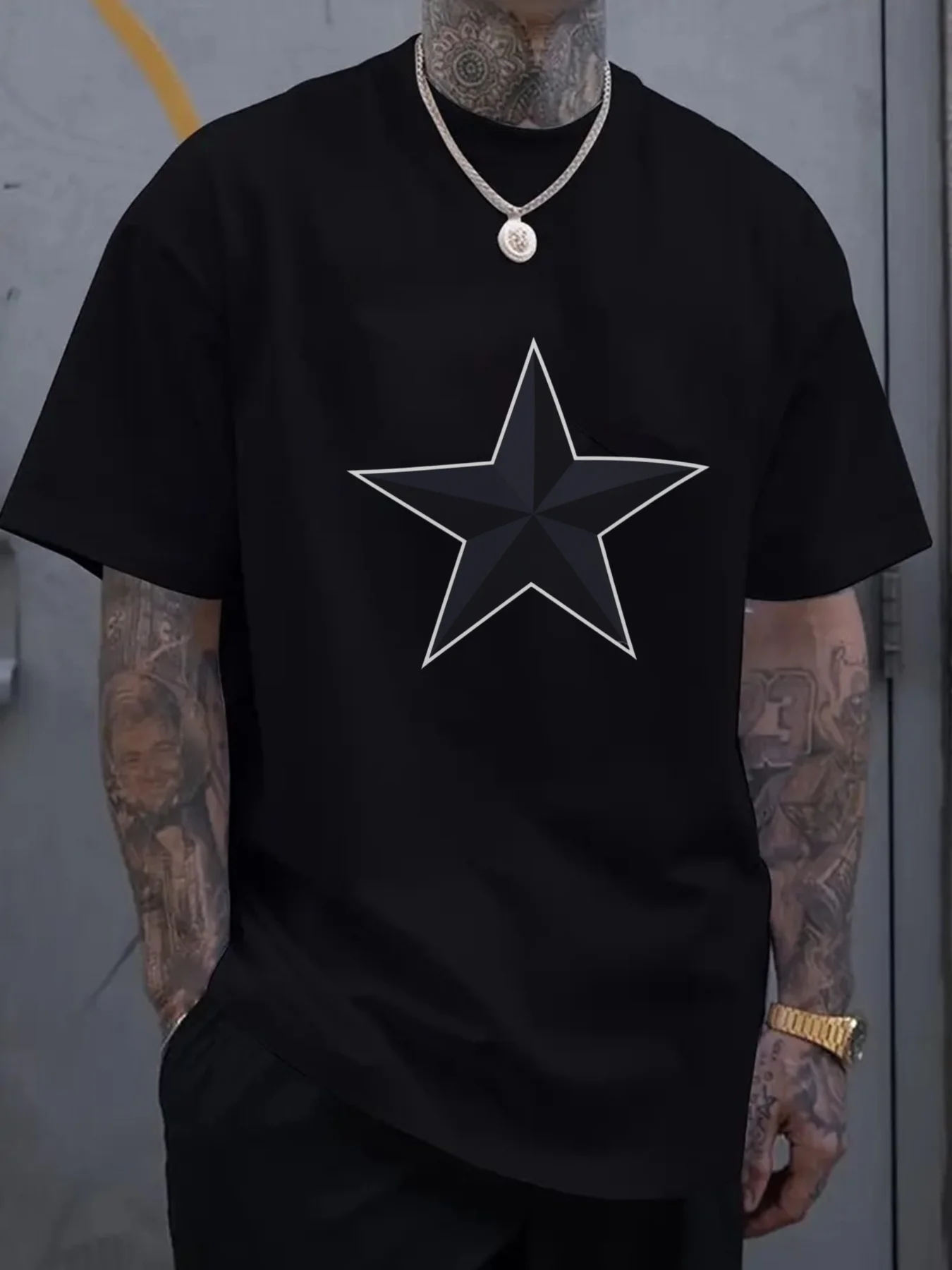 [Black Star Tee] Oversized Unisex Black Star Graphic T-Shirt |   Short Sleeve Round Neck Summer Casual Top, Machine Washable, Loose Fit Shirt