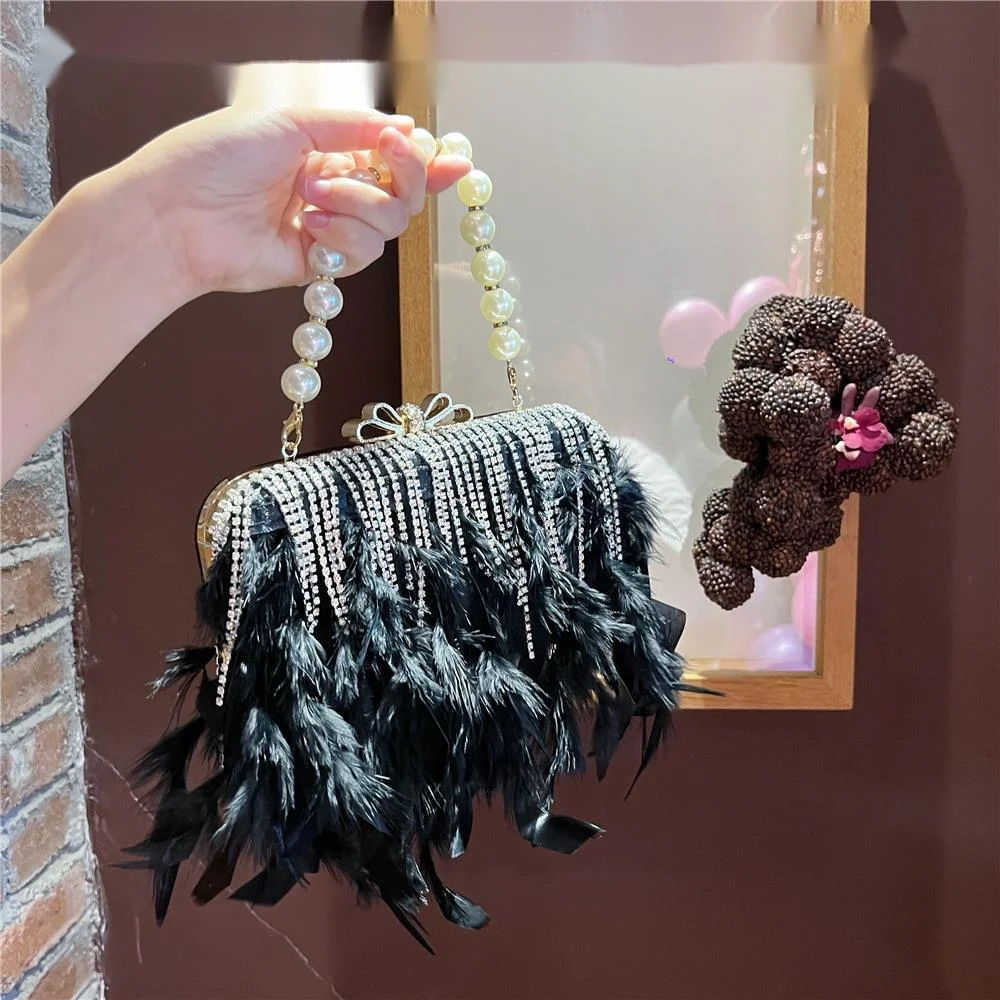 

Luxury Party Bag Turkey Feather Pearl Chain Wedding Purse Women's Shoulder Wallets Girls Phone Evening Clutches сумка женская