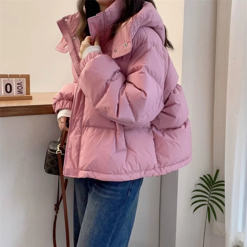 Parka acolchoada impermeável com capuz feminino, monocromática, algodão grosso, inchado, moda coreana, grande, ao ar livre, inverno, novo, 2024