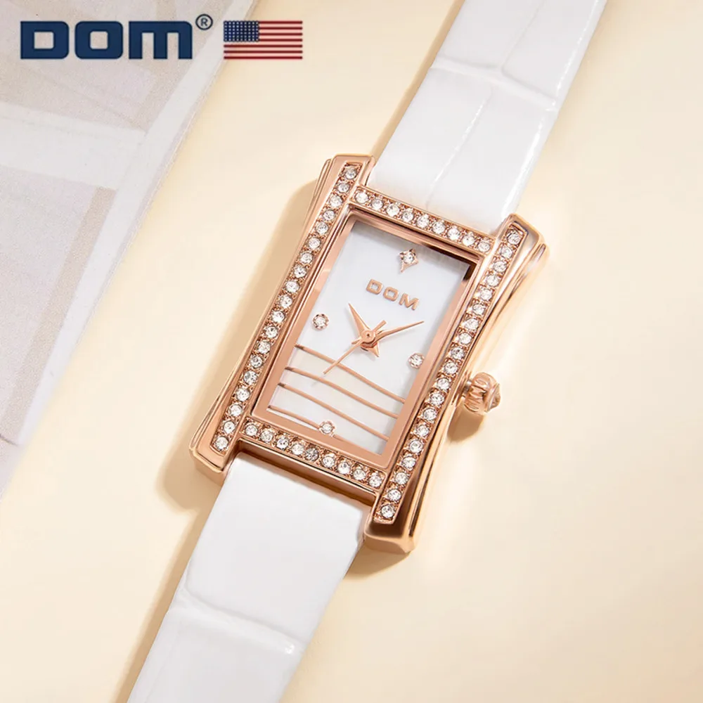 

DOM 1532 Square Quartz Watch Women Fashion Simple Golden Diamond Watches Pointer White Leather Wristwatches Ladies Clock Gift