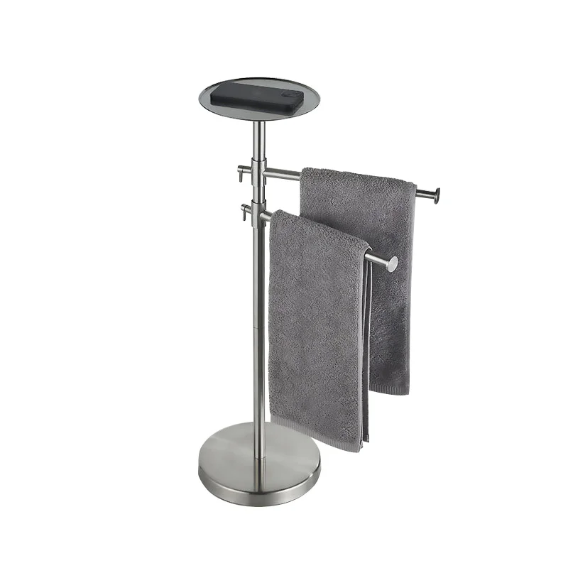 Floor Standing Double-Towel Bar with Tray, Stainless Steel Hotel-Grade Bathroom Towel Rack Movable near Bathtub, Brushed Finish