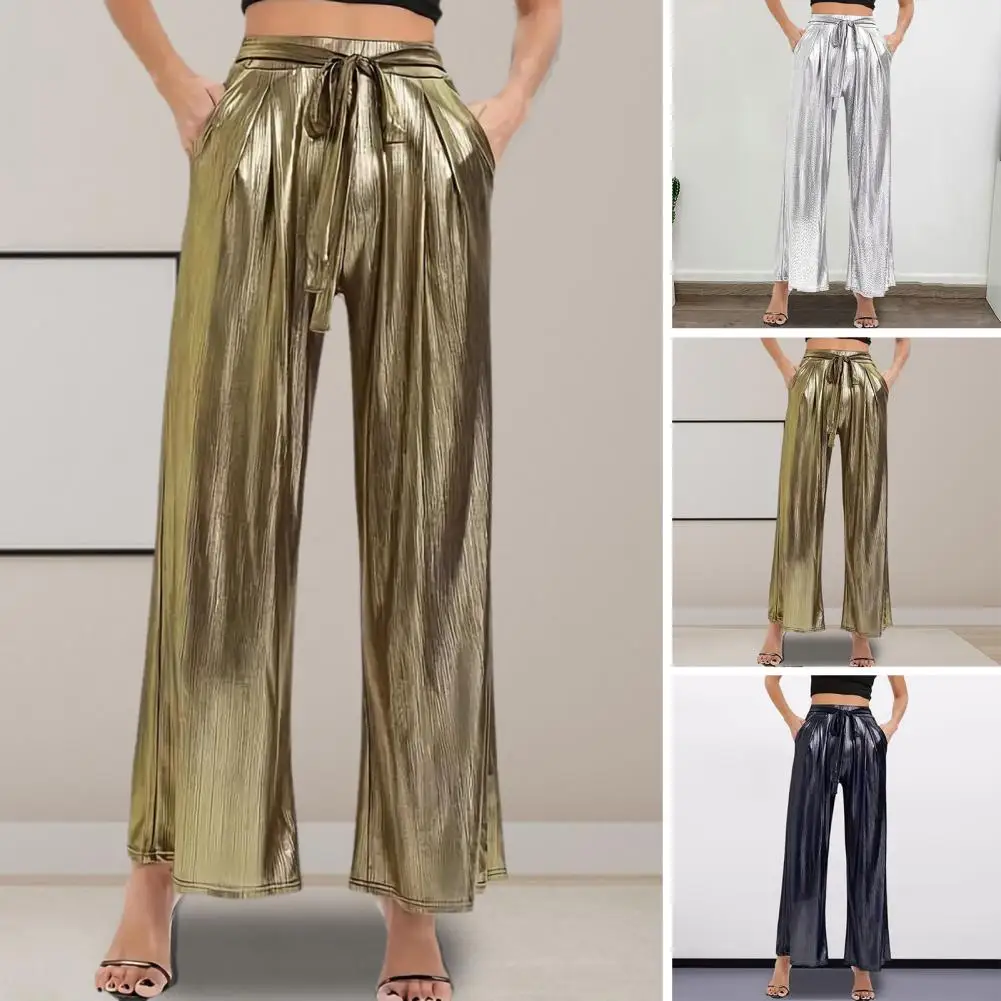 

Elastic Waist Wide-leg Pants Stylish Women's High Waist Lace-up Wide Leg Pants with Pockets for Casual Commuting for Everyday