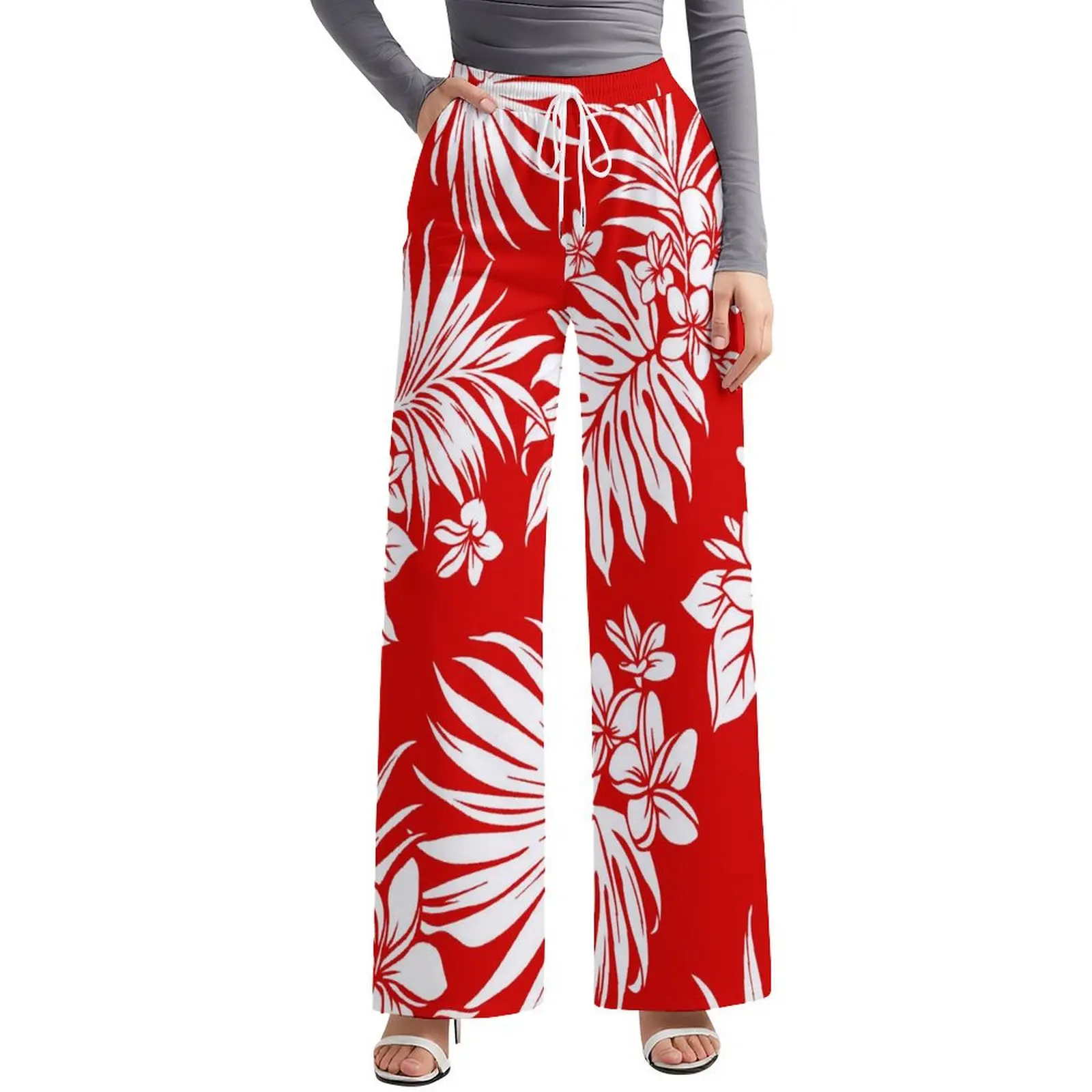 New Wholesale Customized Logo Polynesian Style High Waist Plus Size Ladies Loose Trousers Floral Print Long Wide Leg Pants