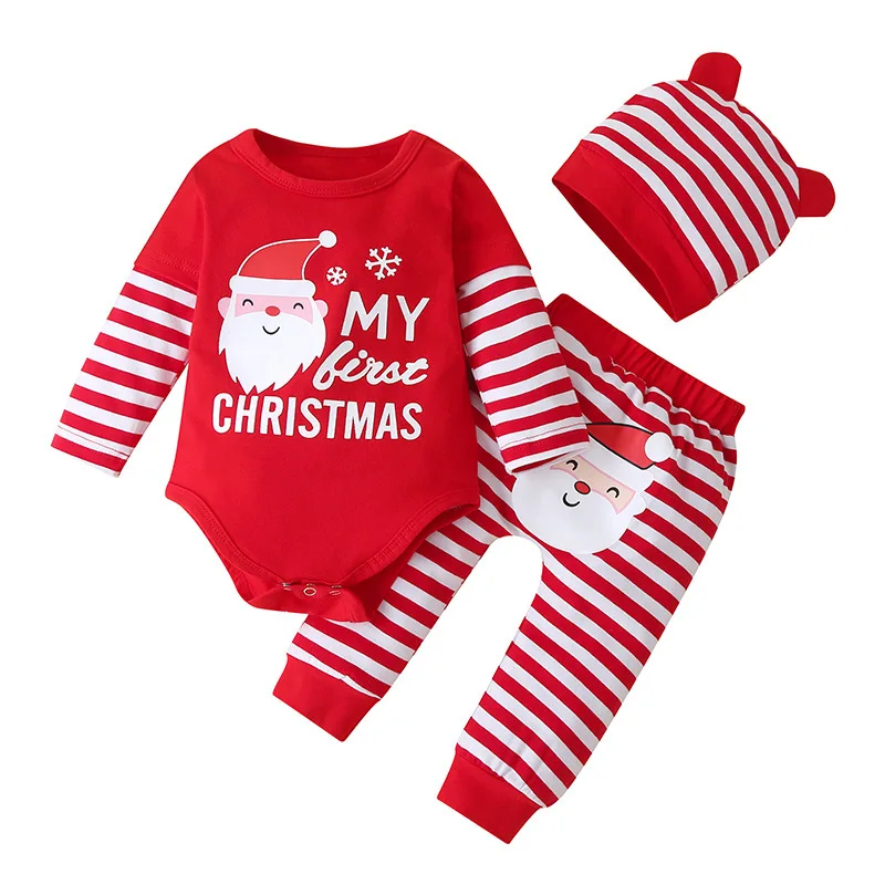 Hot Style Baby Clothes My First Christmas Clothes Striped Santa Baby Romper Pant And Hat 3 Pieces Baby Clothing Set