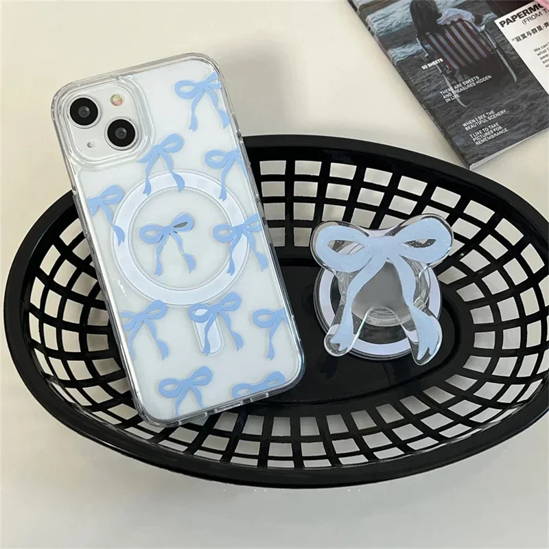 Korea Cute Pink Blue Bowknot Magnetic Holder Grip Tok Griptok Phone Stand Holder Support for IPhone 16 for Pad Magsafe Smart Tok