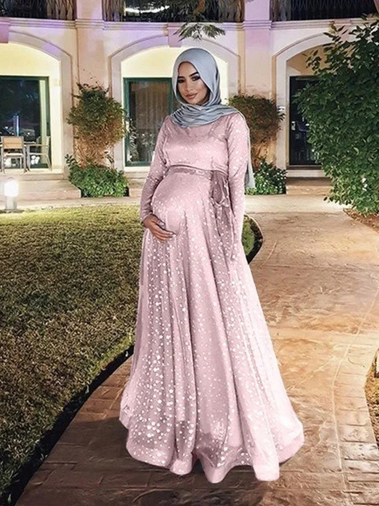 Muslim Floor-length Pregnant Dress Women Sequin Long Dresses Maternity Long Pregnancy Dress Vestidos Big Swing A-line maxi robe