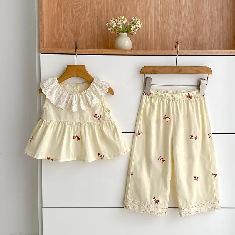 

Летний повседневный комплект детской одежды 2026: топ с красным бантом и рюшами на воротнике + широкие брюки, 2 предмета, для девочек, цвет абрикосовый