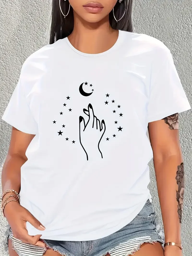 2024 Moon Picking Pattern Trendy Brand Leisure Fashion Printed Women's T-shirt Summer Women's O-neck Short Sleeve Street Trendy