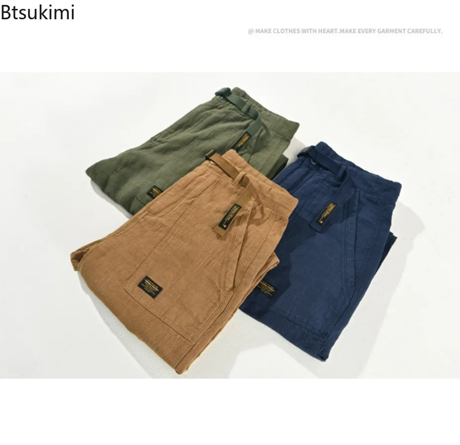 2025 Men's Solid Color Vintage Cargo Pants Spring Summer New Breathable Cotton Linen Casual Trousers Male Streetwear Baggy Pants