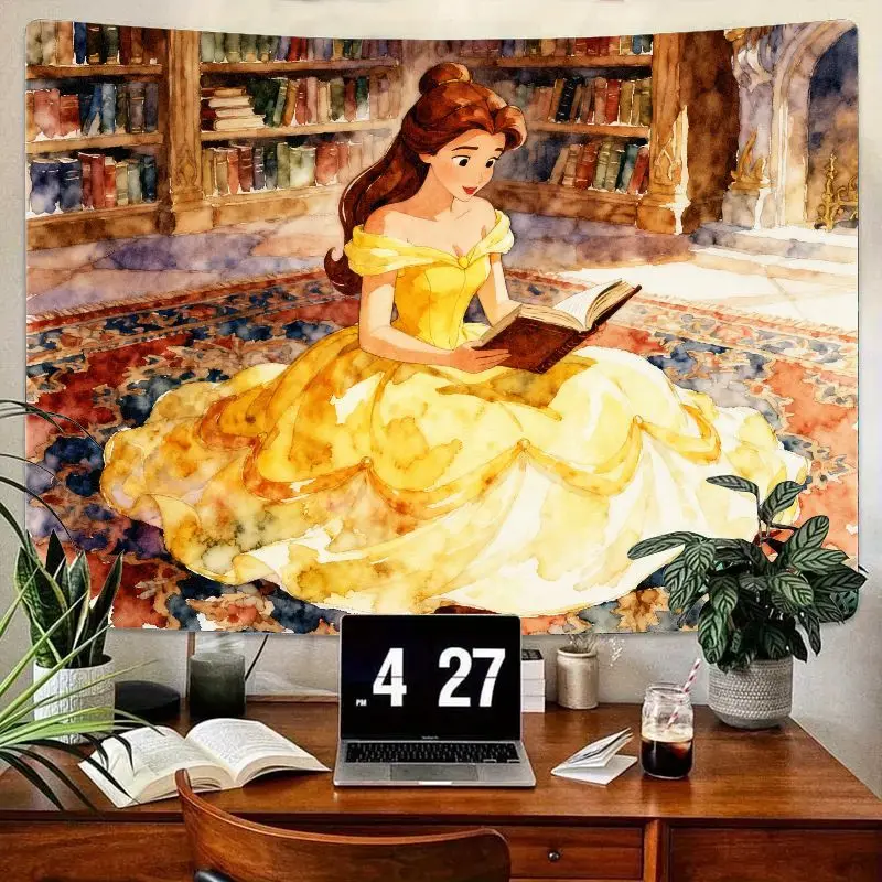 

1 шт., гобелен «Красавица и чудовище» для чтения Belle, эстетическое акварельное настенное искусство библиотеки, декор комнаты принцессы для девочек, общежитие, спальня