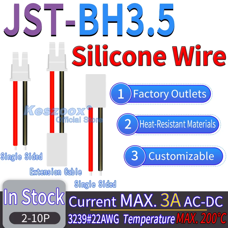 JST BH3.5mm Extension Silicone Wire Connector 2Pin Cable Crimp Terminals Block Jack Plug Connectors 22AWG Copper BHR3.5