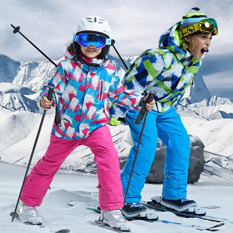 

Children's Winter Warm Thick Cotton Padded Ski Suit Boys Girls Jackets Overalls Trousers Two-piece Suit Outdoor Sports Hiking