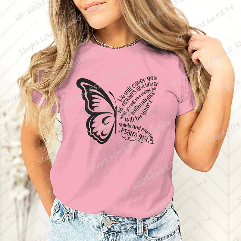 

Cute Butterfly & God He Will Cover You Print T-Shirts Women Short Sleeve T Shirts Funny Round Neck Tee Shirts Casual Summer Tops