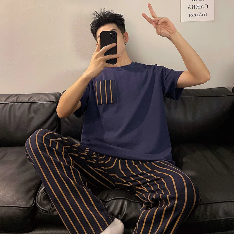 

Four Seasons New Men's Pajamas Imitation Cotton Short-sleeved Long Pants Casual Loose Can Be Worn Outside The Home Suit Suit Men