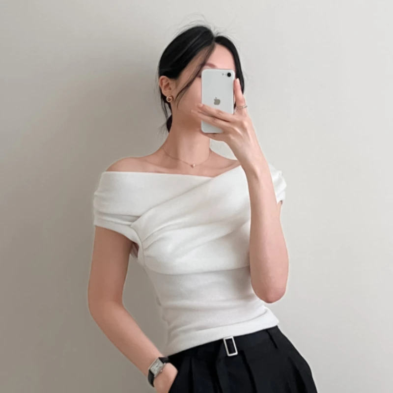 Short Sleeve T-shirts Women Slash Neck Simple Casual Soft Criss-cross Stylish Off-shoulder Korean Style Ulzzang Trendy Elegant