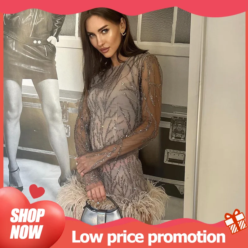 Mini robe de soirée à manches longues pour femmes, plume, paillettes, maille transparente, chic, sexy, fête, club, éducatif, dames, mode, nouveau, 2024