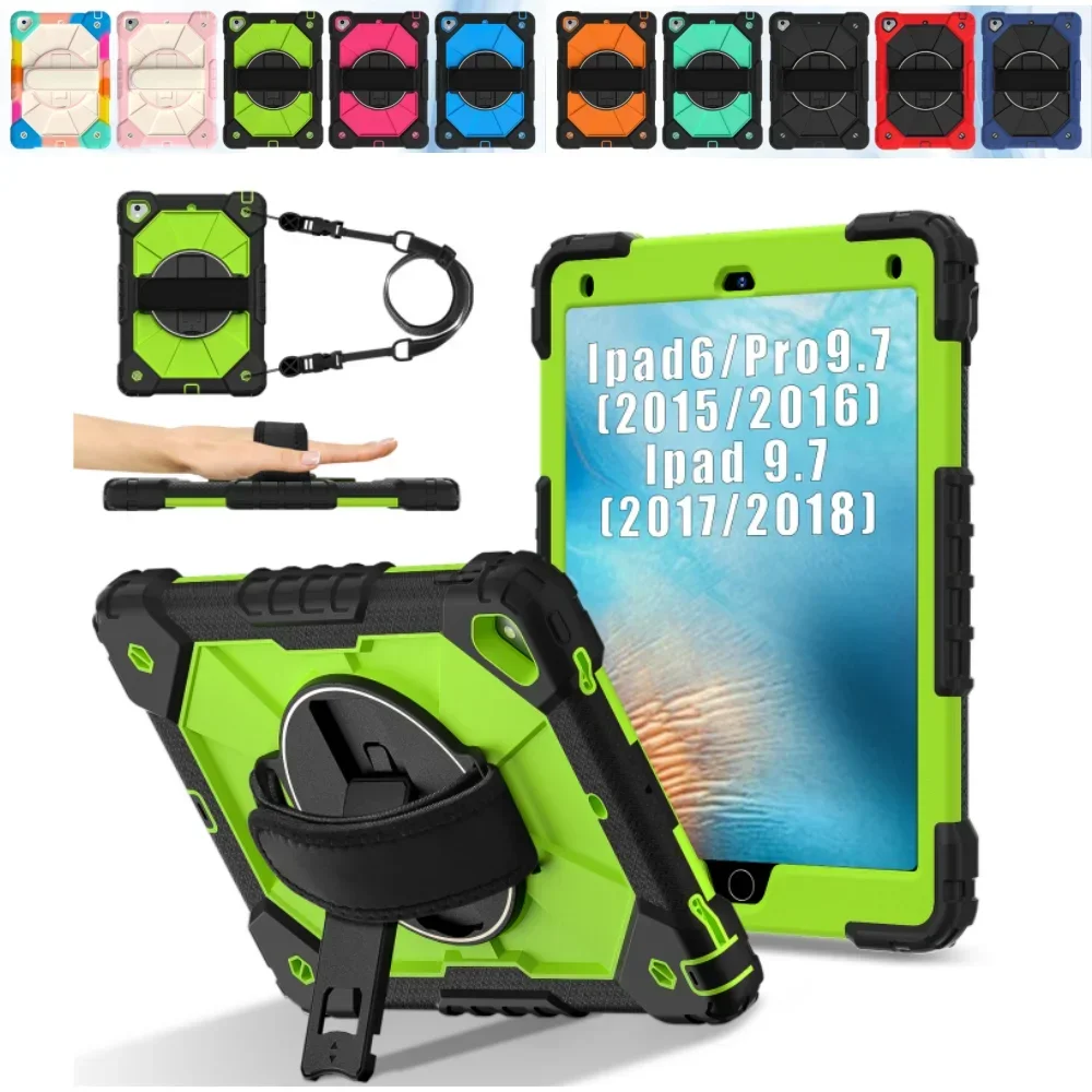 Heavy Duty Protective Case for iPad 6 9.7 6th 5th Gen Kids Shockproof Cover for Pro 9.7 Air 2 with Kickstand & Shoulder Straps