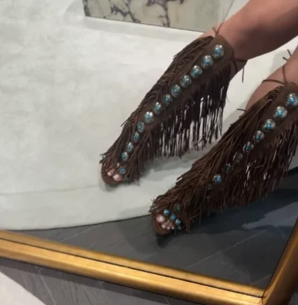 2025 Summer New in Western Brown Tassels Blue Gem Sandal Boots Vintage Black High Heels Lace up Sexy Luxury Designer Party Shoes