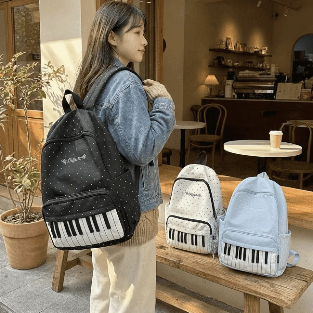 

Nylon Polka Dot Print Backpack Color-blocked Preppy Style Large Capacity School Bag Cute Durable Piano Key Backpack Shopping
