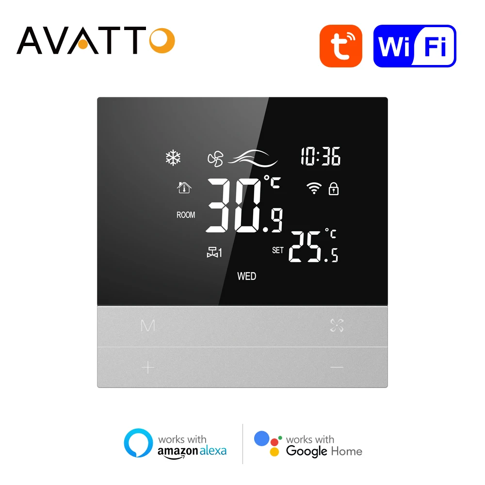 AVATTO Tuya WiFi Smart Central Air Conditioning Thermostat Switch Heating Cool 3 Speed Fan Coil Unit,Work for Alexa Google Home