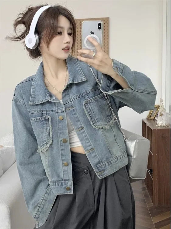 

Retro Loose Jeans Short Jacket Spring Autumn Fashionable Hong Kong Style Women's Clothing Small Size Early Spring Top