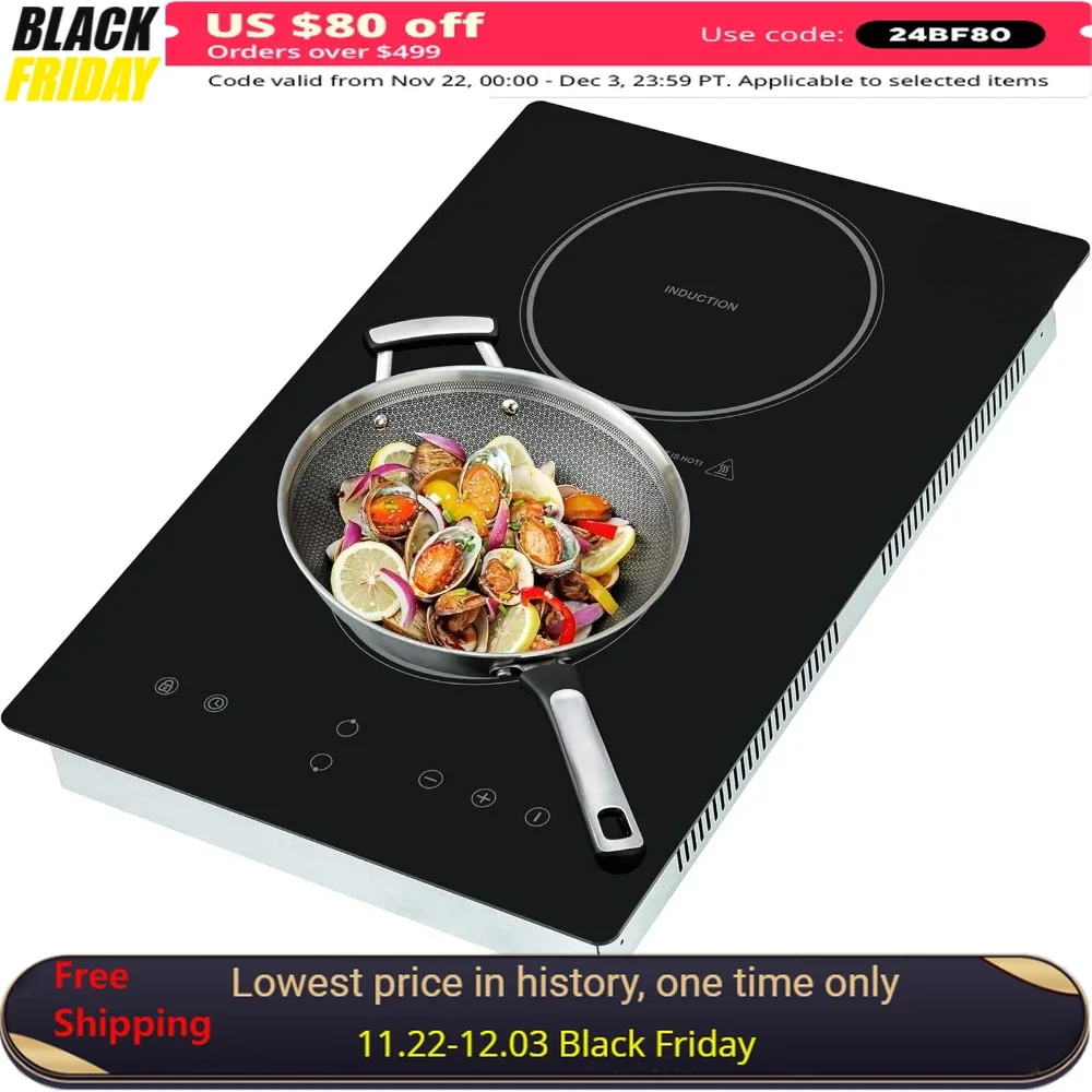 

Double Induction Cooker, 2 Burners 12 Inch Stove Top,Countertop and Built-in Induction, 9 Power Level, Portable Induction Cooker