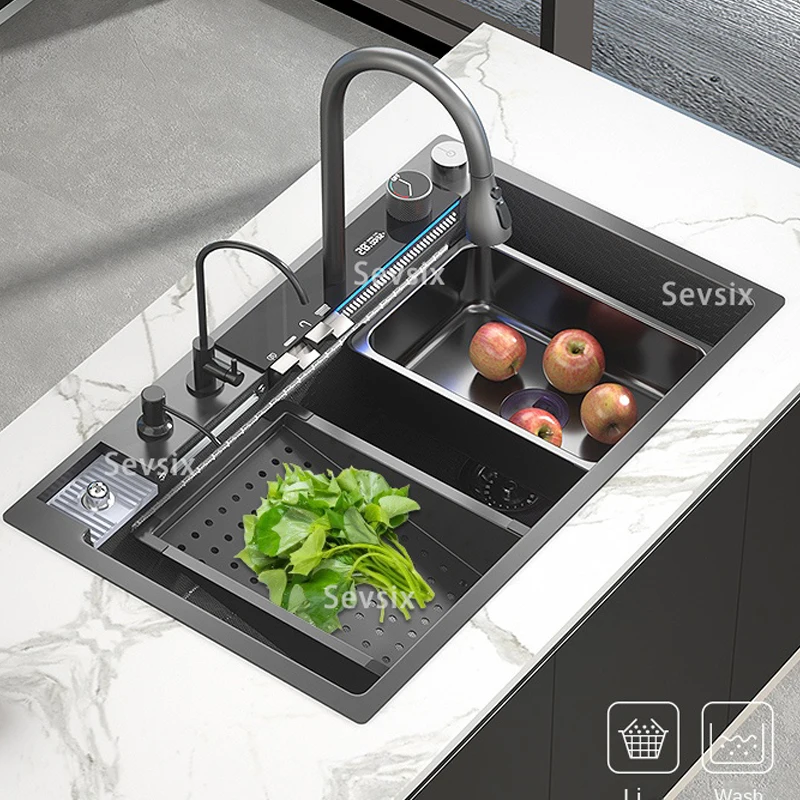 Fregadero de cocina de cascada multifunción moderno, gran oferta, impuesto incluido mexicano, un solo cuenco de acero inoxidable 304, cocina de lluvia negra