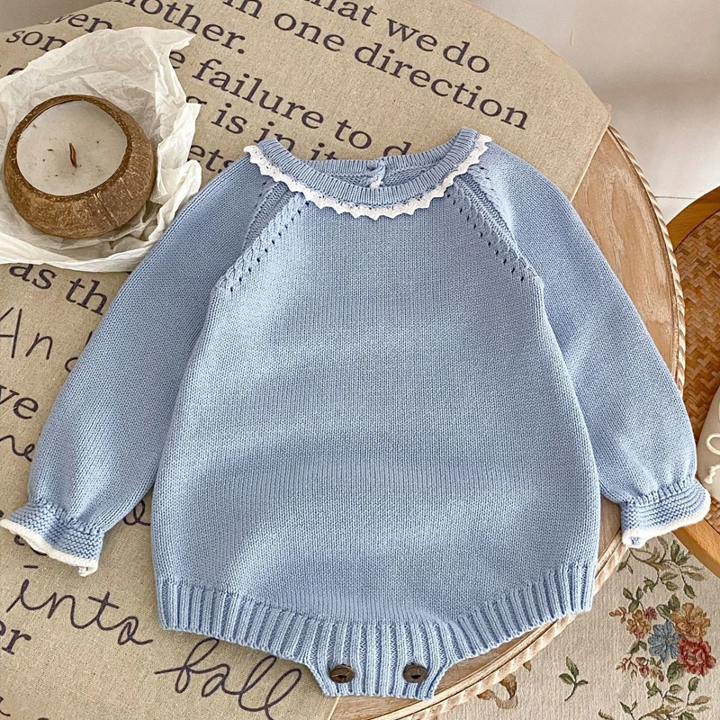 New autumn baby clothing, 0-3 year old girls, cotton lace collar long sleeved knitted jumpsuit, triangle top climbing suit