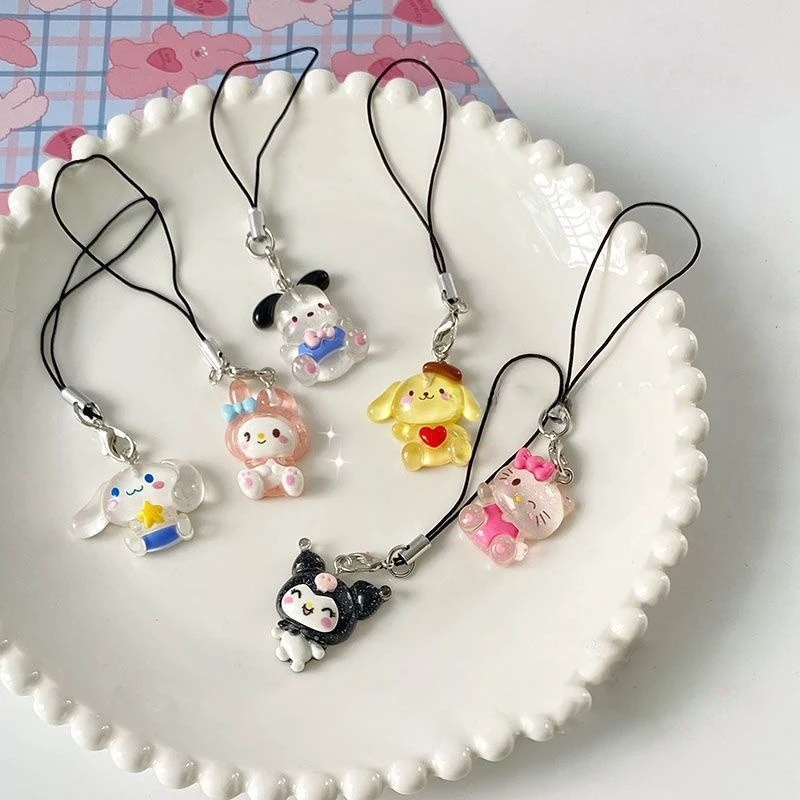 Sanrio Anime My Melody Resin Keychain Cartoon Kuromi Transparent Shiny Keyring Cute Phone Lanyard Sweet Bag Pendant Decorations