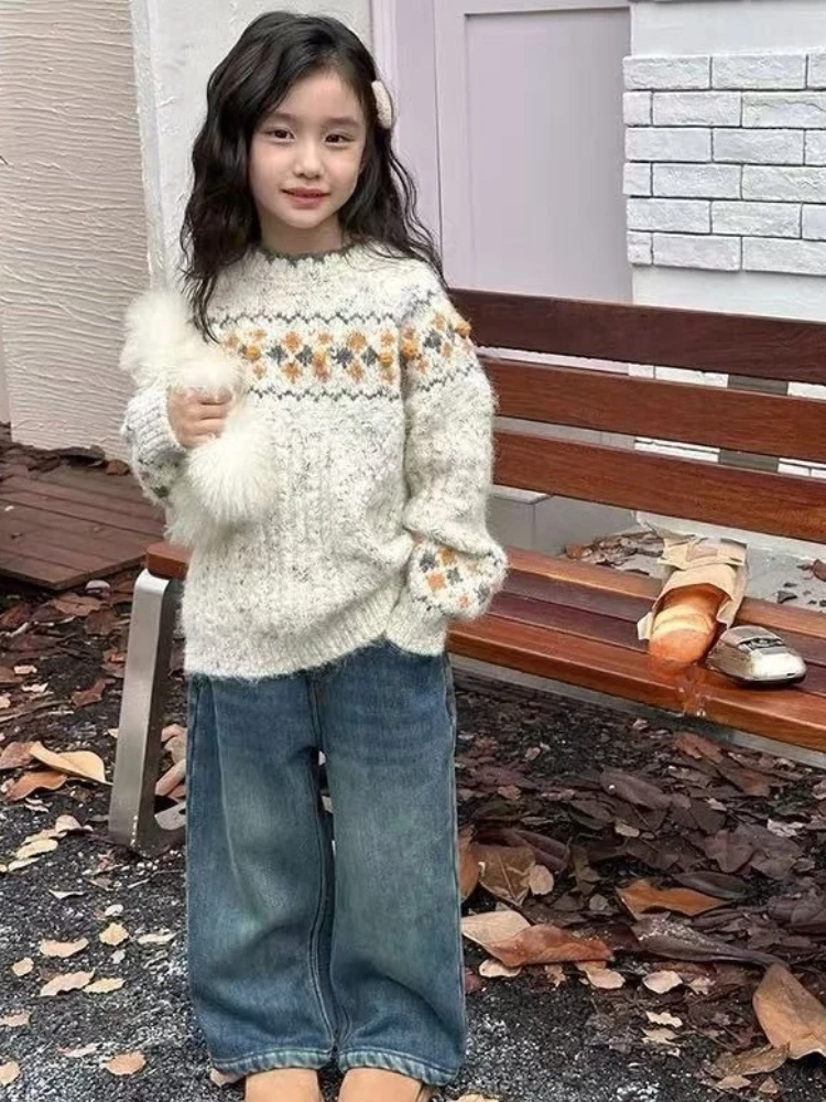 Girls Fleece Lined Jeans Autumn Winter Loose Straight Denim Pants Kids Thick Warm Casual Washed Trousers