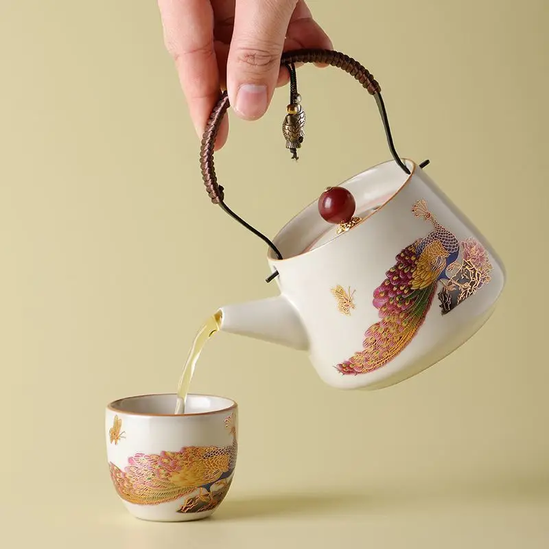 Beige Ru Kiln Peacock Pattern Teapot Light Yellow 1 Pot 2 Cups Gongfu Tea Set Single Serving Home Use Cultivatable Crackle Glaze