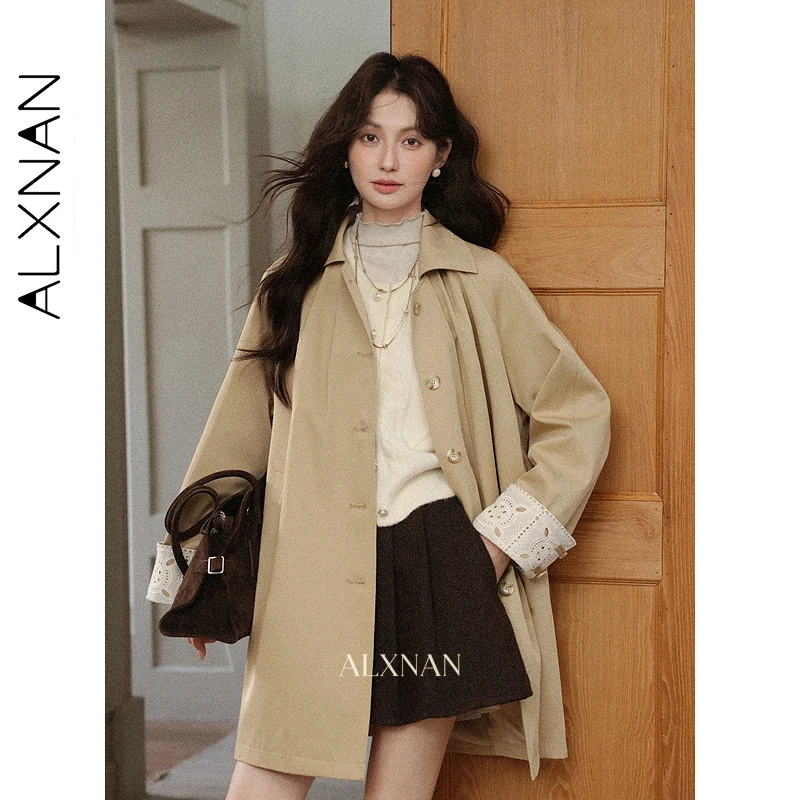 

ALXNAN Тренч средней длины цвета хаки для женщин, пальто в британском стиле, осень-зима 202, модный кружевной топ с длинными рукавами L57531