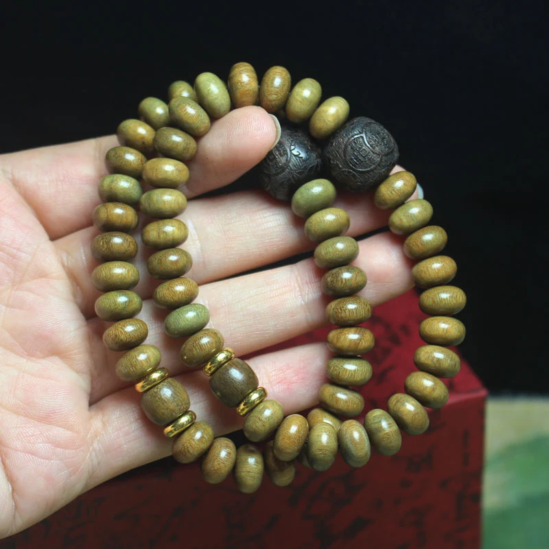 

Green Sandalwood Abacus with Engraved Beads, Buddhist Bead Bracelet, Couple's Jewelry Craft