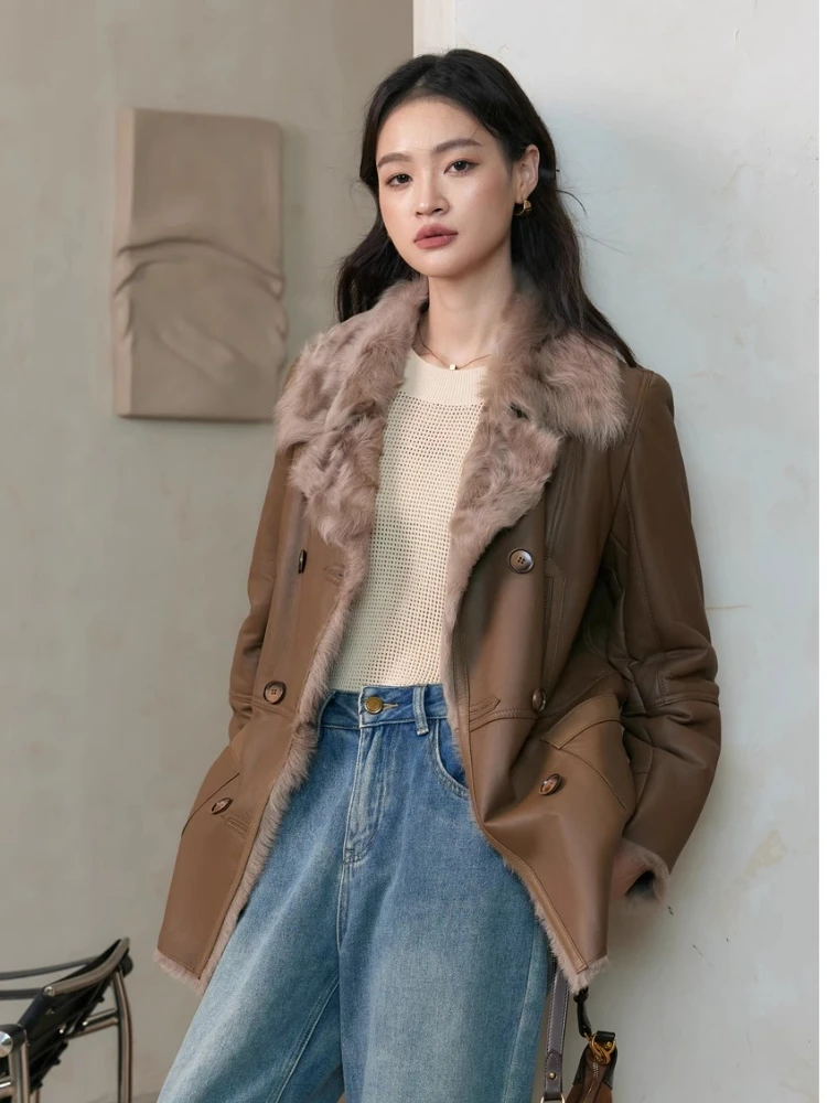 High-end หรูหราของแท้หนัง Lamb FUR ฤดูหนาวแจ็คเก็ตผู้หญิง Simple VINTAGE Double Breasted หนา WARM ขนสัตว์จริง Coat