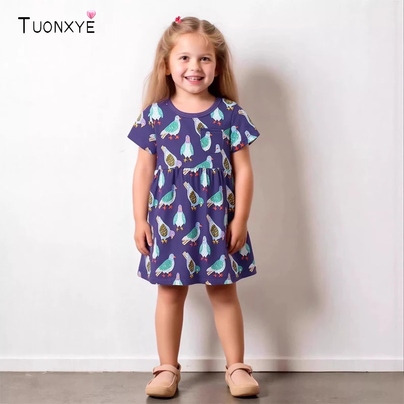 TUONXYE Kleid für Neugeborene Mädchen, Baumwolle, lässiges Kleid für kleine Mädchen, kurzärmeliges Kleid mit Tier- und Vogelmuster, Baby-Kostüme für Mädchen