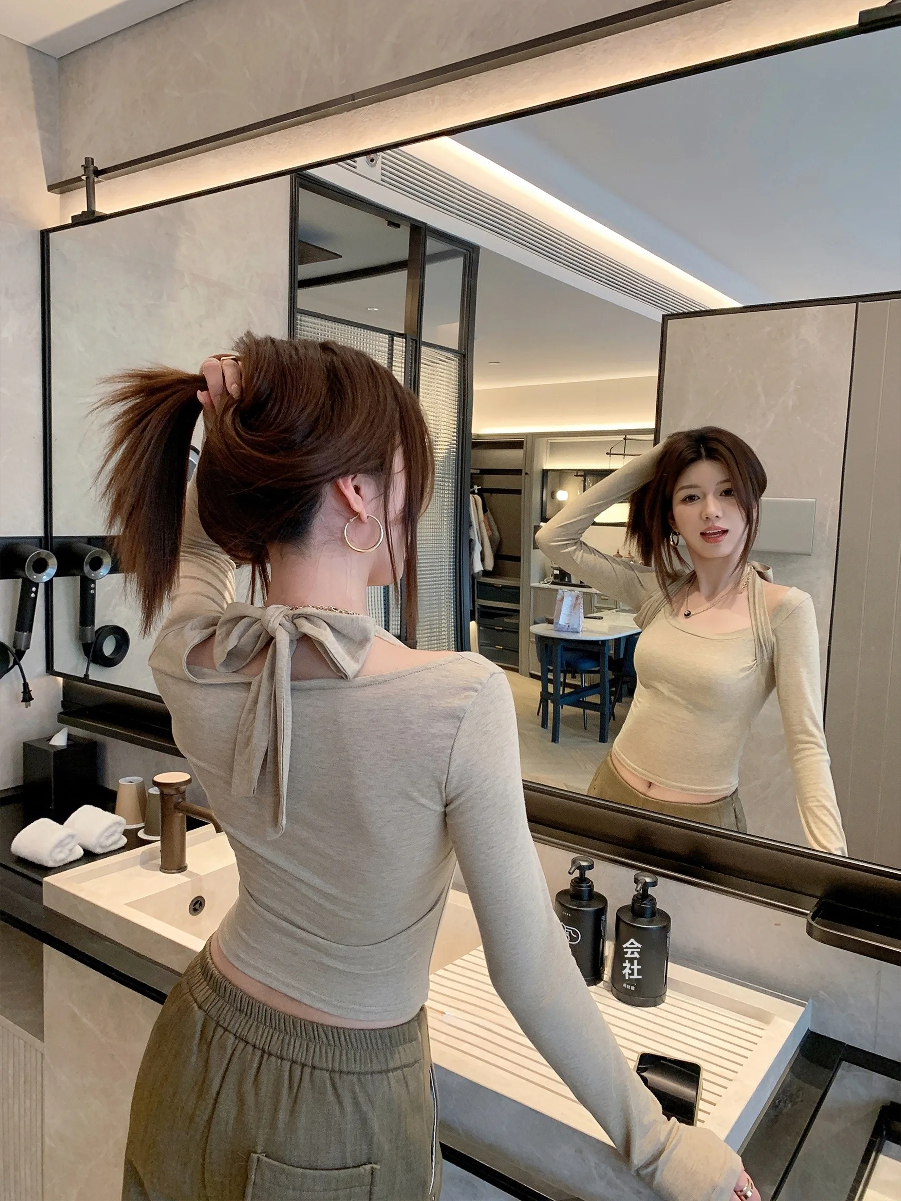 

Sam Seoi Women's Long Sve Ne Hanging T-irt Slimming Base Layer Versatile Spring New Sle Commute Sle Korean Version