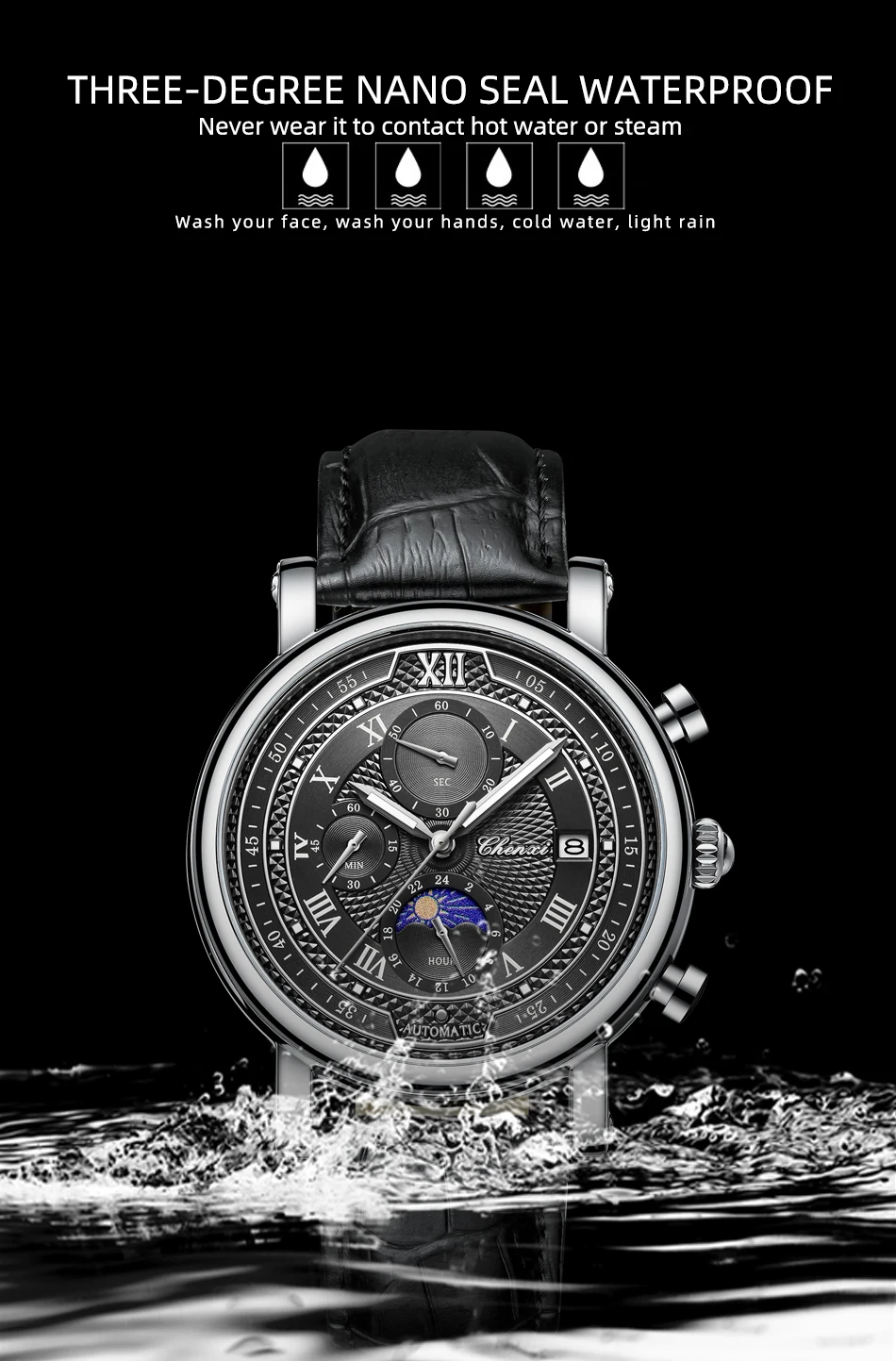 Chenxi 976 Leather Chronograph Date Men's Phase Of The Moon Timing Business Luminous Quartz Watch Relojes Para Hombres