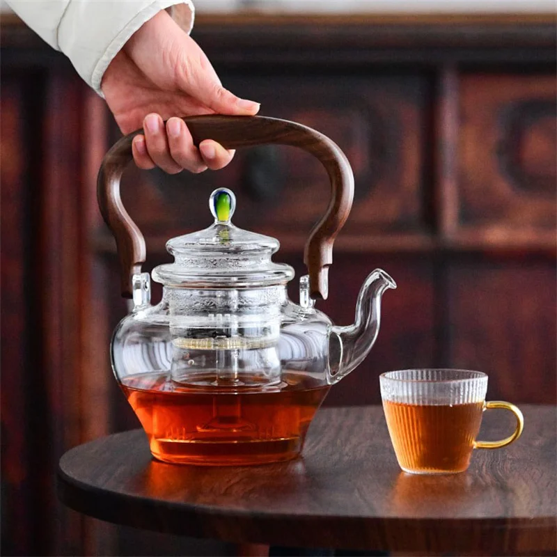 900ml Cooking and Steaming Dual Purpose Heat-resistant Glass Teapot Walnut Wood Beam Tea Pot Tea Infuser Kungfu Tea Set Teaware