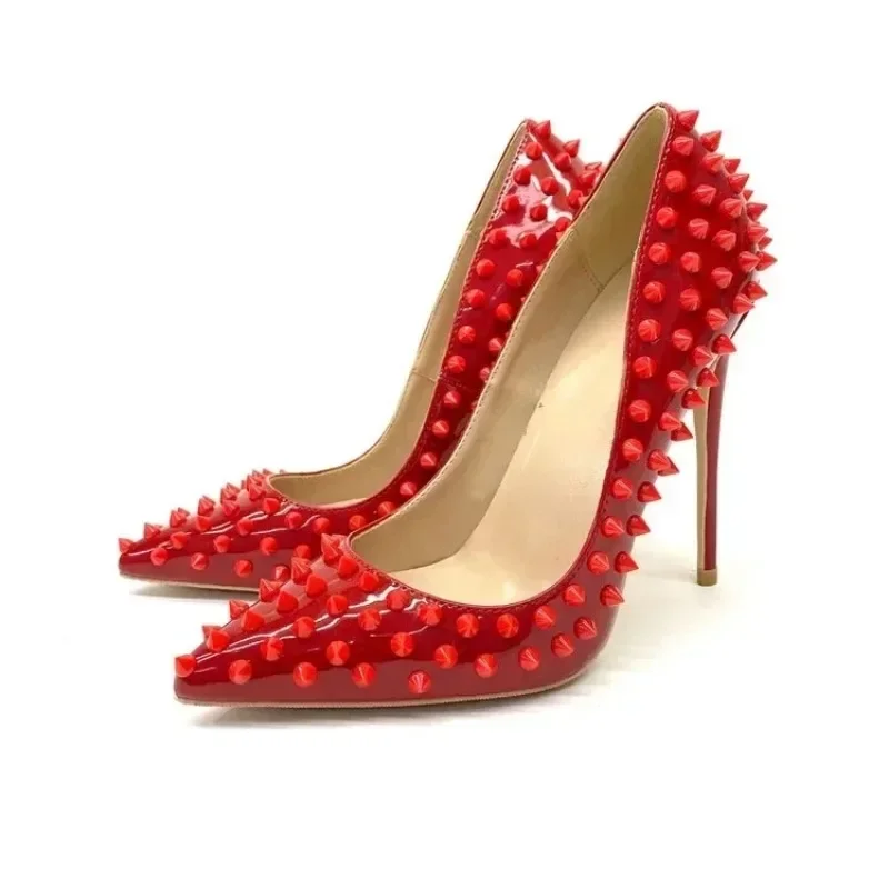 

Free Shipping ！ New Luxury Women Shoes High Heels Rivets Pumps Red Bottom Pointed Studded Full Spikes Ladies Brand Wedding Shoes