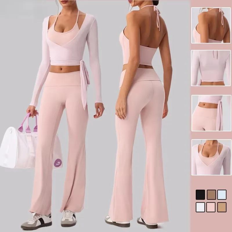 YTYINYTYINWholesale Wrap-Style Long Sleeve Women's Yoga Set Tie-Up Top Breathable Four-Way Stretch Sportswear High-Waist Fitness