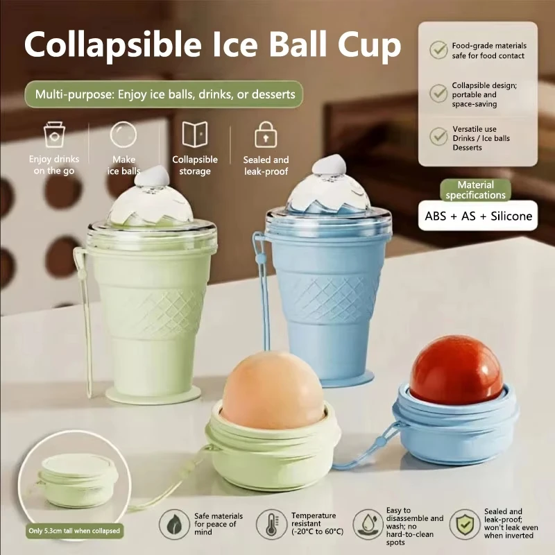 325ml Collapsible Ice Ball Cup with Straw 2-in-1 Silicone 6cm Ice Sphere Mold & Travel Tumbler for Cocktails Whiskey