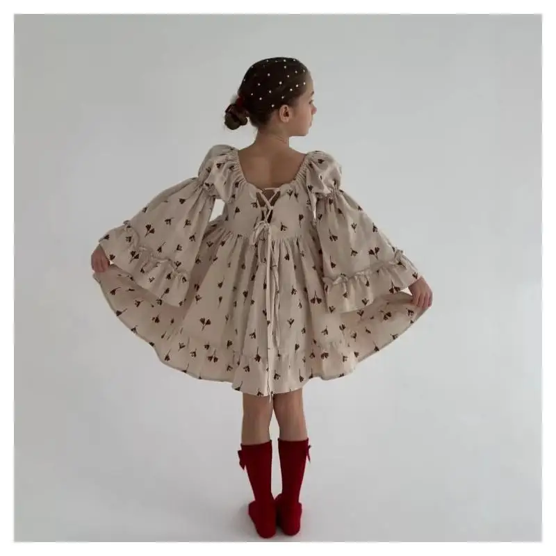 Children's Clothing Spring And Summer Clothing Dress Cotton Girls Party Bell Sleeves Court Style Lace Up JK Style Swallowtail