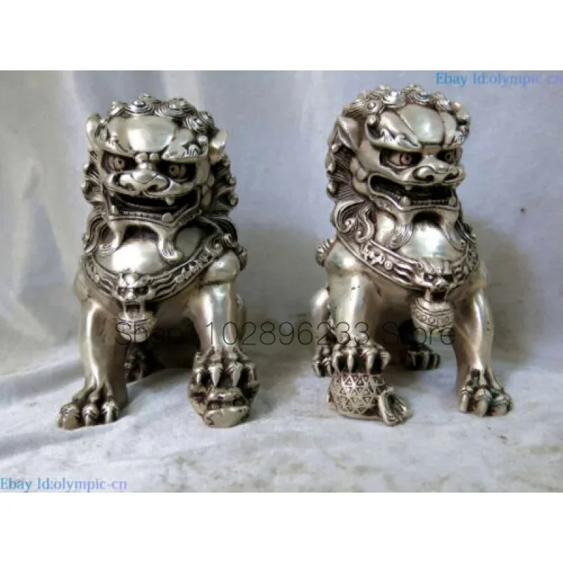 

Fine silver sculpture lucky China carved Town house Foo Dogs Lions Pair Statue