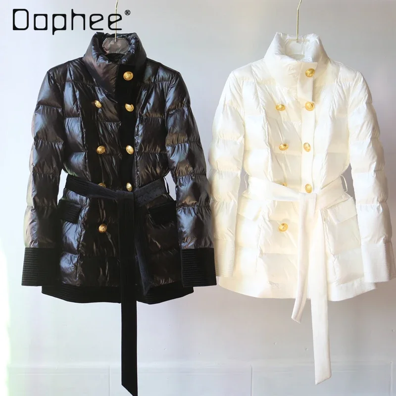 Abrigos cálidos con cuello levantado y doble pecho, chaqueta con cordones y botones de Metal empalmados de terciopelo, moda de invierno informal elegante en blanco y negro