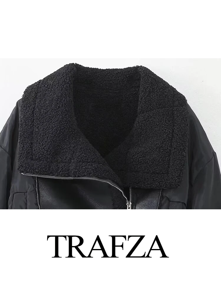 TRAFZA Moda invernale da donna impiombata ​ ​ Cappotto reversibile da donna con colletto rovesciato, manica lunga, cerniera, giacca calda casual da strada