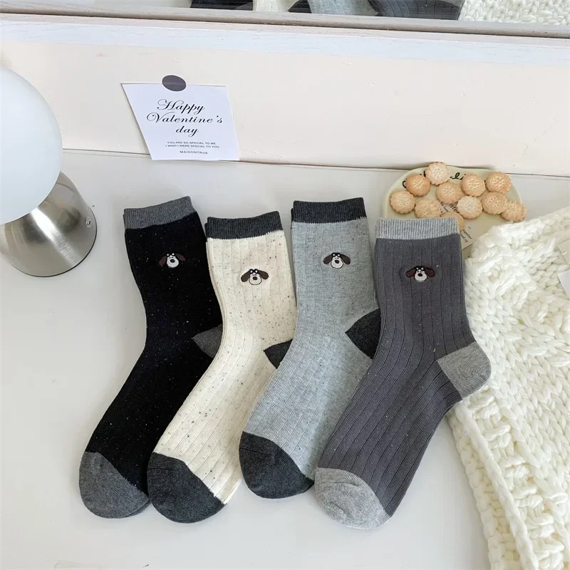 Kaos Kaki Bordir Anjing Kartun Lucu Gaya Korea Wanita Pola Titik Blok Warna Katun Setengah Betis Modis Gaya Jepang Panjang