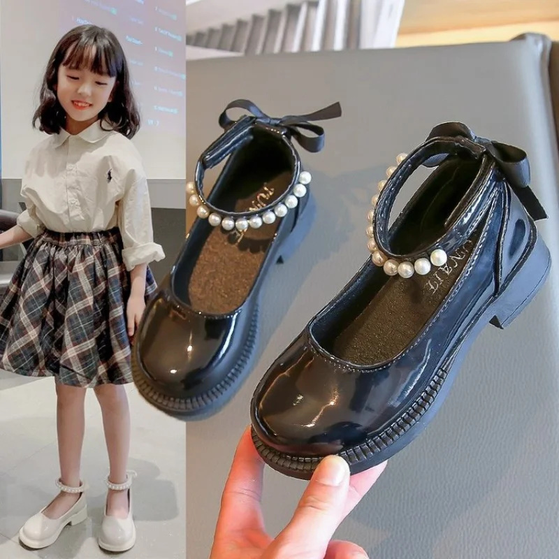 Bow Princess Girl Party Shoes for Kids Mary Jane Shoes Children Dress Black School Shoes Due To Princesses Pearl Leather Shoes